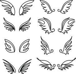 Wings doodle set in hand drawn style on black background. Vector graphic illustration. Hand drawn style. Sketch drawing. Nature background. Line drawing style. Creative concept.
