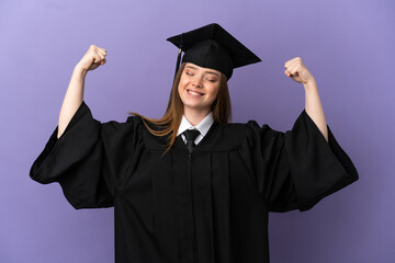 Young university graduate over isolated purple background doing strong gesture