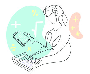 One line drawing of woman accountant working with finance calculate on calculator.
One continuous line drawing of female entrepreneur working with finance calculate on calculator.
