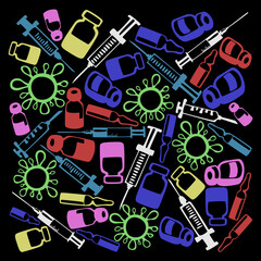 Obraz premium Wallpaper in the form of syringes, and various cones. The coronavirus vaccine.