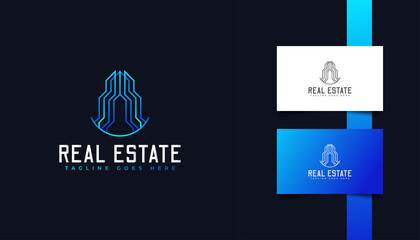 Modern Minimalist Real Estate Logo in Blue Gradient. Construction, Architecture or Building Logo Design Template