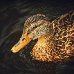 Spotted duck swims in the water close-up on a dark background