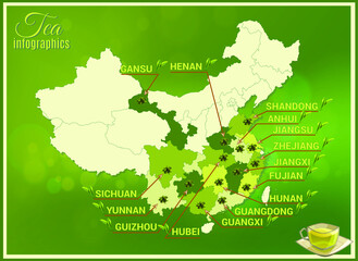 Map of the provinces of China where tea grows. Chinese green tea.