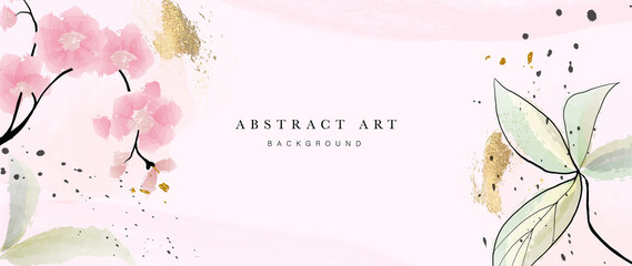 Fototapeta na wymiar Abstract art botanical background vector. Luxury wallpaper with pink and earth tone watercolor, leaf, flower, tree and gold glitter. Minimal Design for text, packaging, prints, wall decoration.