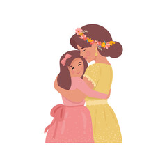 Mom hugs a cute daughter in romantic dresses. Teenager girl loves her mother. The concept of parenthood and love. Vector illustration in flat style.