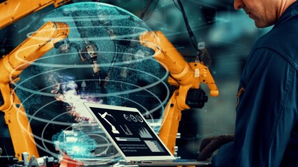 Smart industry robot arms modernization for innovative factory technology . Concept of automation...