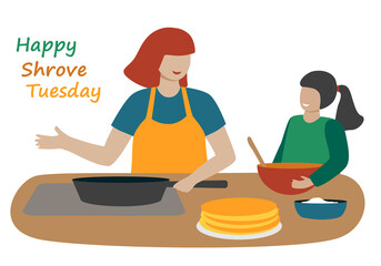 A woman with a child makes pancakes for Shrovetide. Mom and daughter cook together in the kitchen. Hand drawn people and text: happy shrove tuesday. Flat style. Isolated on a white background. Vector.
