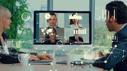 Creative visual of business people in a corporate staff meeting on video call . Concept of digital technology for marketing data analysis and investment decision making .