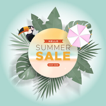 Round summer sale banner with beach background. Vector illustration