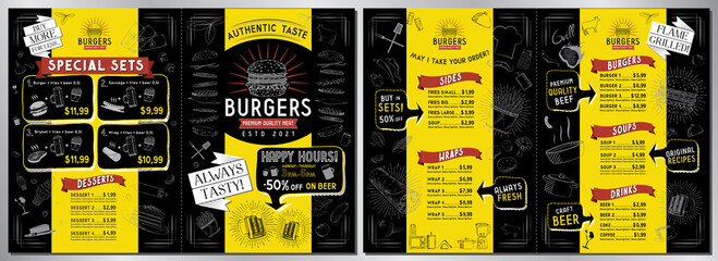 Burger bar menu template - A3 to A4 size (sides, wraps, burgers, soups, drinks, sets) - vector illustration