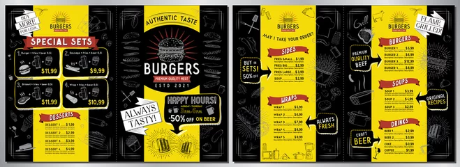 Fotobehang Burger bar menu template - A3 to A4 size (sides, wraps, burgers, soups, drinks, sets) - vector illustration © PX Media