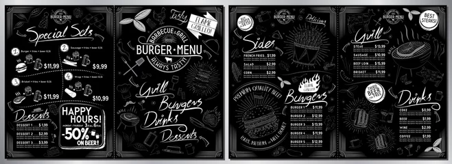 Fotobehang Burger bar menu template - A3 to A4 size (sides, burgers, grill, drinks, sets) - vector illustration © PX Media