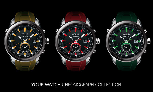 Realistic vector collection of clock watch chronograph grey steel black dashboard face white number text yellow red green design luxury elegance for men on black background.