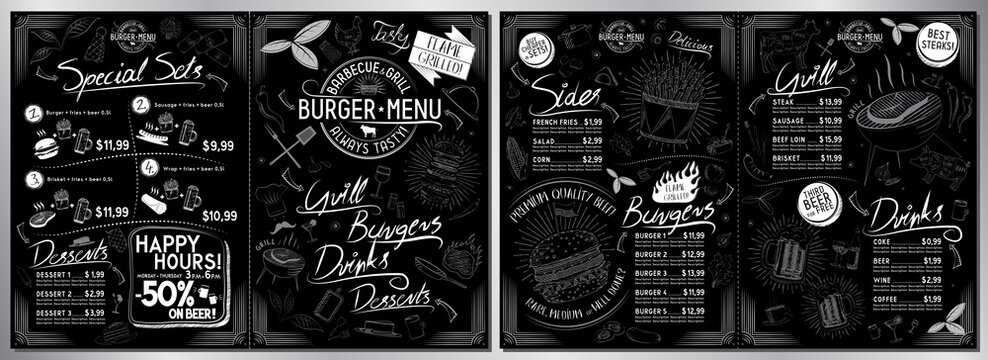 Burger bar menu template - A3 to A4 size (sides, burgers, grill, drinks, sets) - vector illustration