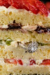 layered cake with a diamond ring inside. Proposal concept