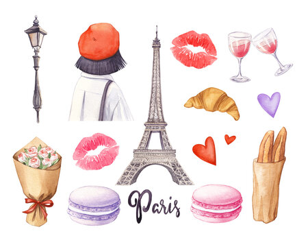Watercolor Paris set. Hand drawn Eiffel tower, girl, croissant and macarons isolated on a white