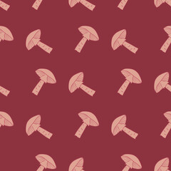 Abstract forest style seamless pattern with doodle mushrooms shapes. Maroon background.