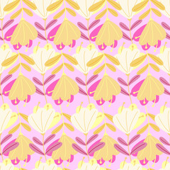 Fototapeta na wymiar Decorative seamless pattern with doodle yellow flowers elements print. Pink and lilac background.
