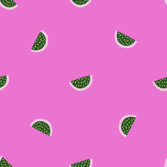 Minimalistic abstract seamless pattern with little green lemon slice print. Pink bright background.