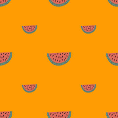 Minimalistic seamless pattern with doodle pink watermelon slice elements. Orange background. Simple style.