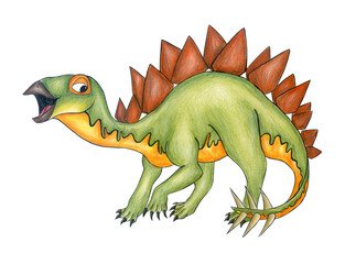 Stegosaurus dinosaur. Hand painted dinosaurs isolated on white background. Predator animal of the prehistoric period. Illustration. Watercolor. Template. Hand drawing. Clipart. Close-up