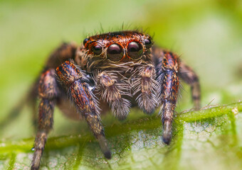 Female jumping spider Evarcha falcata close up portrait