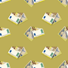 Seamless pattern. Folded EU paper money. The 200 euro banknotes are staggered symmetrically on a yellow background with shadows