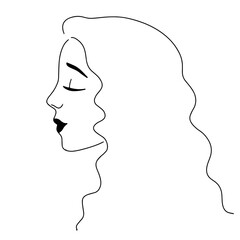 Line drawing, elegant portrait of a young woman with long curly hair and closed eyes. Logo for beauty products, beauty salon. Attractive avatar. Profile portrait