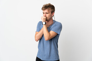 Young handsome man isolated on white background coughing a lot
