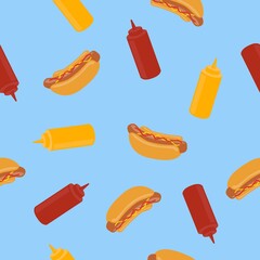 Hot Dog, Mustard and Ketchup Pattern. Vector seamless pattern or background with Hot Dogs, Mustard and Ketchup bottles