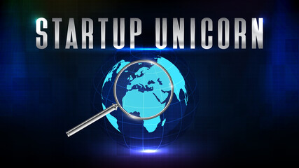 abstract futuristic technology background of startup unicorn with magnifying glass and world map