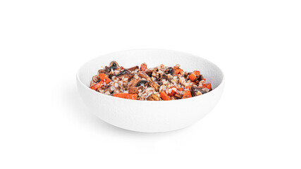 Fototapeta na wymiar Buckwheat with vegetables in white bowl. Buckwheat porridge with mushrooms and carrots isolated on a white background.