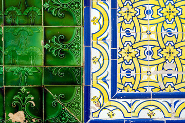 Close up of two types of typical Portuguese tiles, Olhao, Algarve