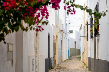 Narrow street with white houses and flowers in Olhao, south of Portugal