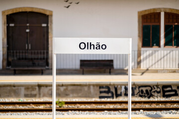 Olhao sign at train station in Algarve, Portugal