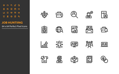 set of job recruitment line icons, 64x64px, headhunting, cv, human resource