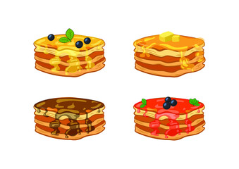 Vector pancakes, cartoon illutration, different syrups and honey, sweet pancake isolated on white background.