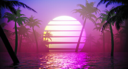 Jungle neon background. Vapor wave tropical background concept. - 437417578