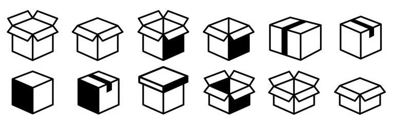 Fotobehang Box line icons. Empty open shipping box or unboxing line art. Carton boxes icon set. Stock vector. Vector illustration. © vectorsanta