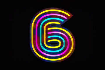 Luminous font number 6 with cyan, yellow and magenta triad colors on black background. Nice creative numbering for merchandise designs. High definition 3D rendering.