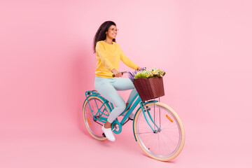 Portrait of attractive cheerful girl riding bike spending free time isolated over pastel pink color...