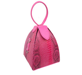 Triangle shaped leather bag placed on a white background.