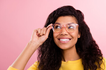 Photo of young cheerful afro girl happy positive smile hand touch eyeglasses isolated over pastel color background