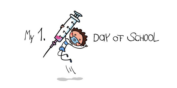 Schoolboy with a syringe for vaccination - Destruction of the Coronavirus - Mandatory Vaccination of school children - Vector illustration.