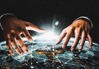 Global network connection covering earth with link of innovative perception . Concept of international trading and digital investment, 5G global wireless connection and future of internet of things .