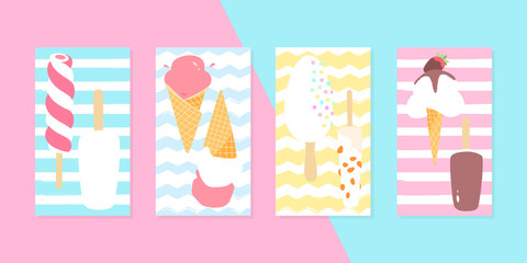 Summer backgrounds. Set of bright backdrops decorated with ice-cream. Editable templates for social networks and stories. Vector 10 EPS.