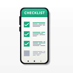 Smartphone with checklist on the screen. Check list with checkboxes and checkmark. Quiestionnaire, form, survey or reminder. Illustration vector