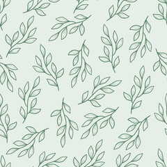 Naklejka na ściany i meble Hand drawn seamless floral pattern of simple leaf. Doodle sketch line style. Vector illustration for nature foliage wallpaper, background, textile design.