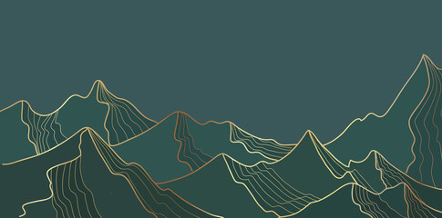 Golden mountain line landscape, wallpaper mountainous design for print. Alpine abstract view Vector illustration - obrazy, fototapety, plakaty