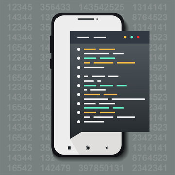 Web Development, code, html, css, java script on phone. HTML code website. Programming html with smartphone. Illustration vector